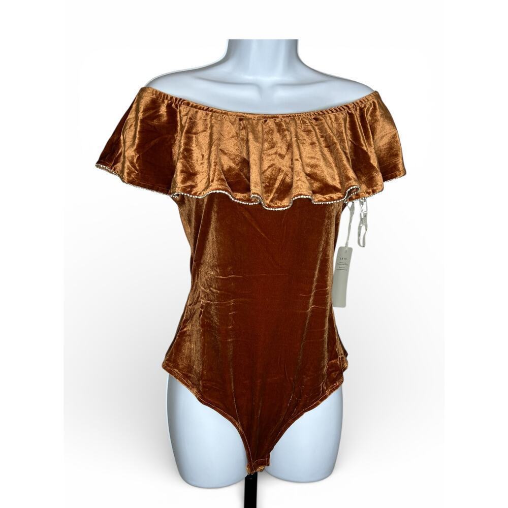 ☀️IRIS Velvet Off Shoulder Bodysuit Bronze Rhinestone Trim M NWT